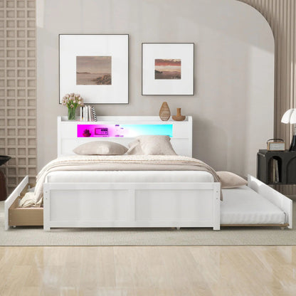 Storage Platform Bed With LED Lights, 2 Drawers And Trundle white finish with beige bedding on Tampa Home & Garden Store