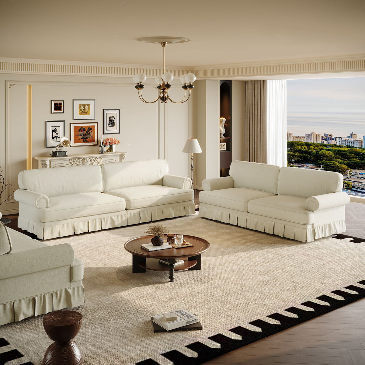 Comfortable Cloud Sofa with Rolled Arms and Skirt in cream fabric, beige living room setup on Tampa Home & Garden Store