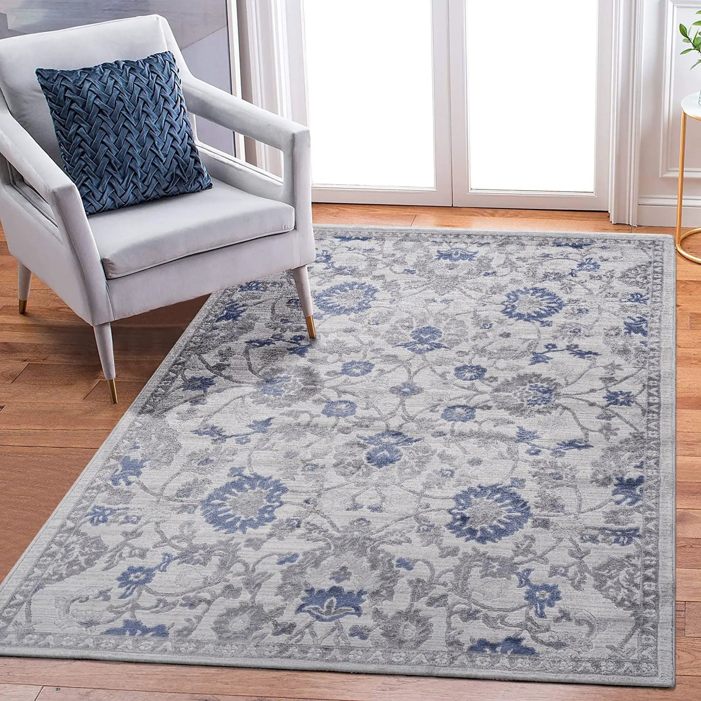 Marfi Trendy Oriental Area Rug blue gray with floral motif by Unique Piece Furniture on Tampa Home & Garden Store