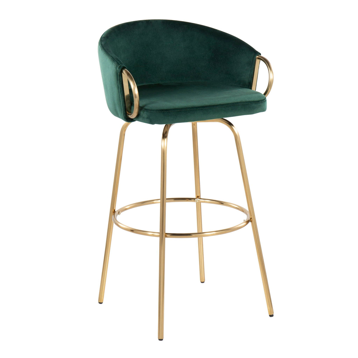 Claire Contemporary fixed-height bar stool emerald velvet with round gold footrest on Tampa Home & Garden Store