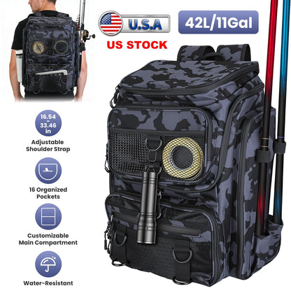 GemGear camo fishing backpack 42L with rod holders, 16 pockets, water resistant on Tampa Home & Garden Store