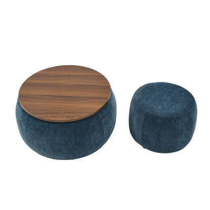 Round storage ottomans, blue fabric with wood-grain top lid, 2-piece set on Tampa Home & Garden Store