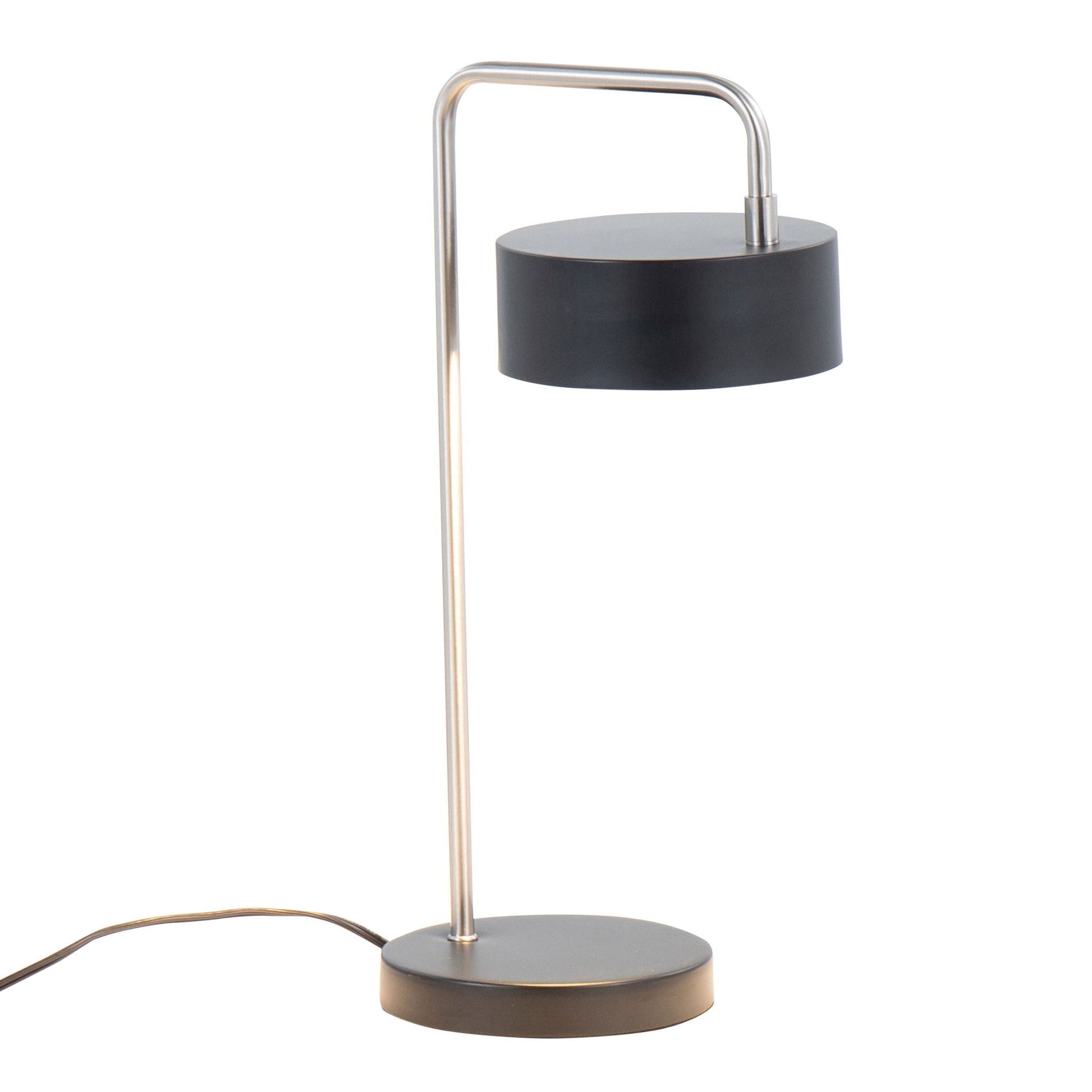 Puck contemporary table lamp nickel black with curved metal stem and black drum shade, cord visible on Tampa Home & Garden Store