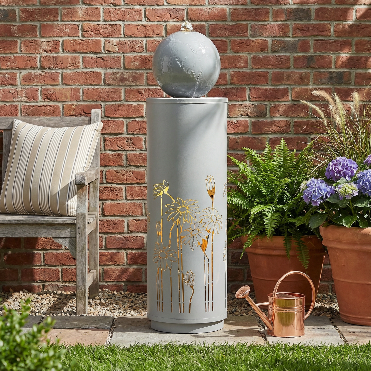 Light gray metal cutout outdoor fountain with LED lights, 34.25'H, gold floral accents on Tampa Home & Garden Store