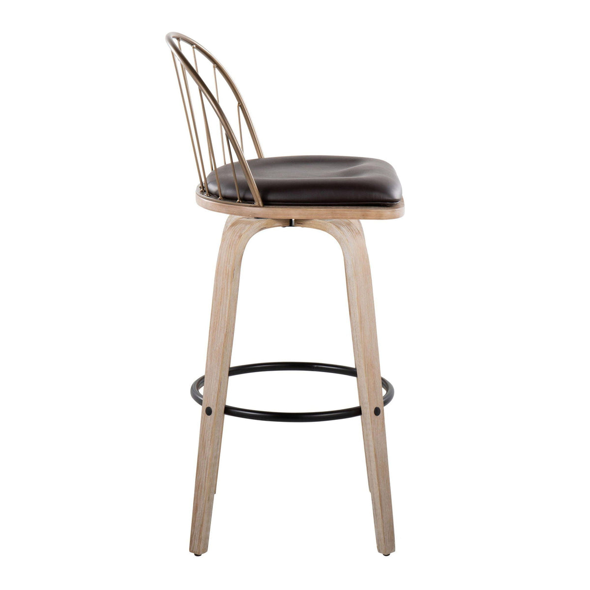 Industrial fixed-height barstool with black cushion and bronze metal backrest on light wood legs on Tampa Home & Garden Store