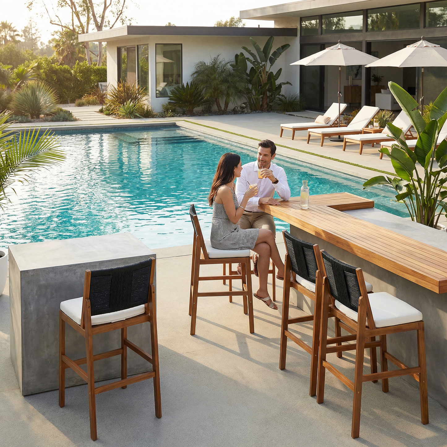 4-piece Arly black outdoor bar stools with acacia frames and wicker backs HouseOfZazla on Tampa Home & Garden Store