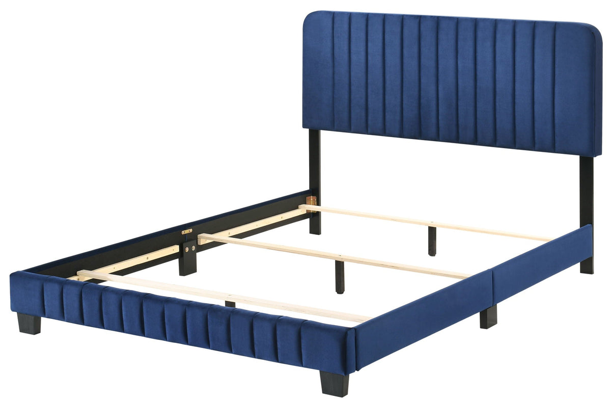 Channel Tufted Bed upholstered in blue fabric with vertical tufting and black frame on Tampa Home & Garden Store
