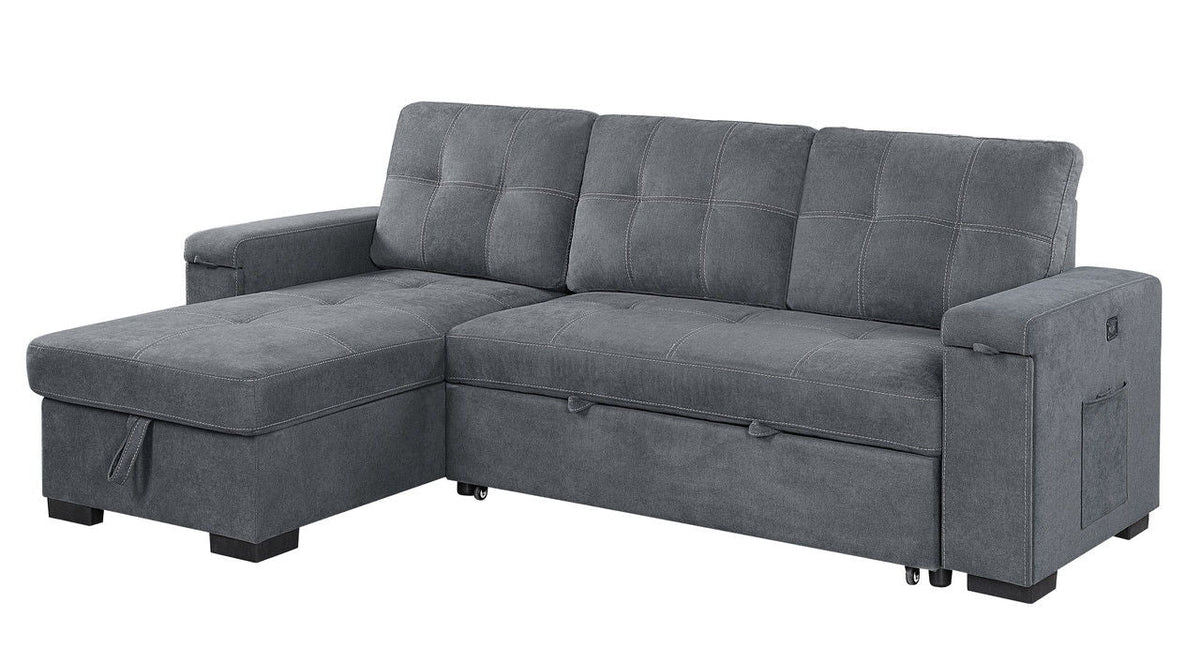 HouseOfZazla Toby woven fabric reversible sleeper sectional with storage chaise gray, cup holder on Tampa Home & Garden Store