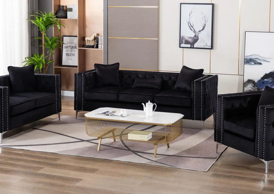 Lorreto Sofa with two matching black velvet armchairs in a modern living room on Tampa Home & Garden Store