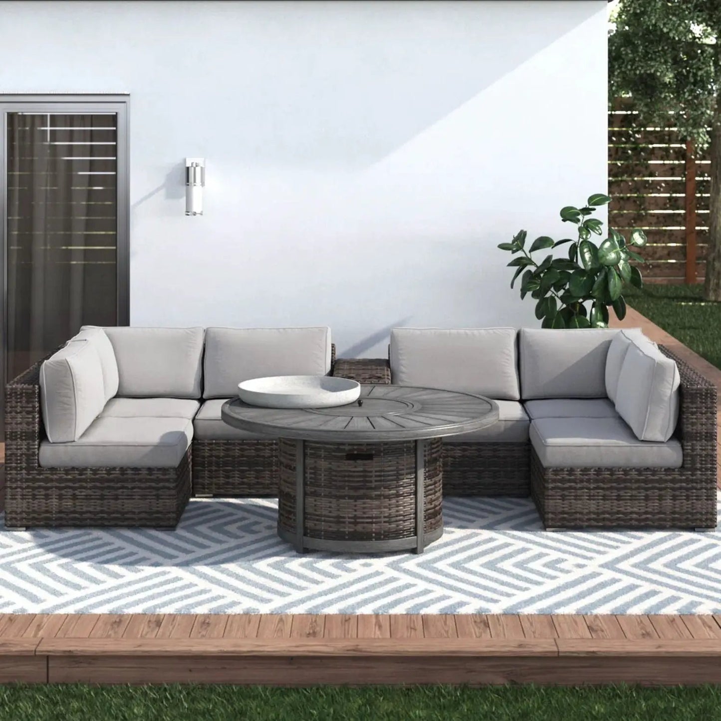 All Weather 4 Person Patio Sofa Set with Fire Pit and Side Table rustproof brown wicker on Tampa Home & Garden Store