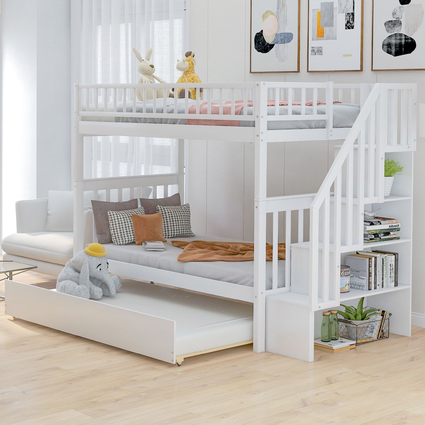 Bunk bed with staircase in white, twin-over-twin with guard rails, built-in storage, HouseOfZazla on Tampa Home & Garden Store