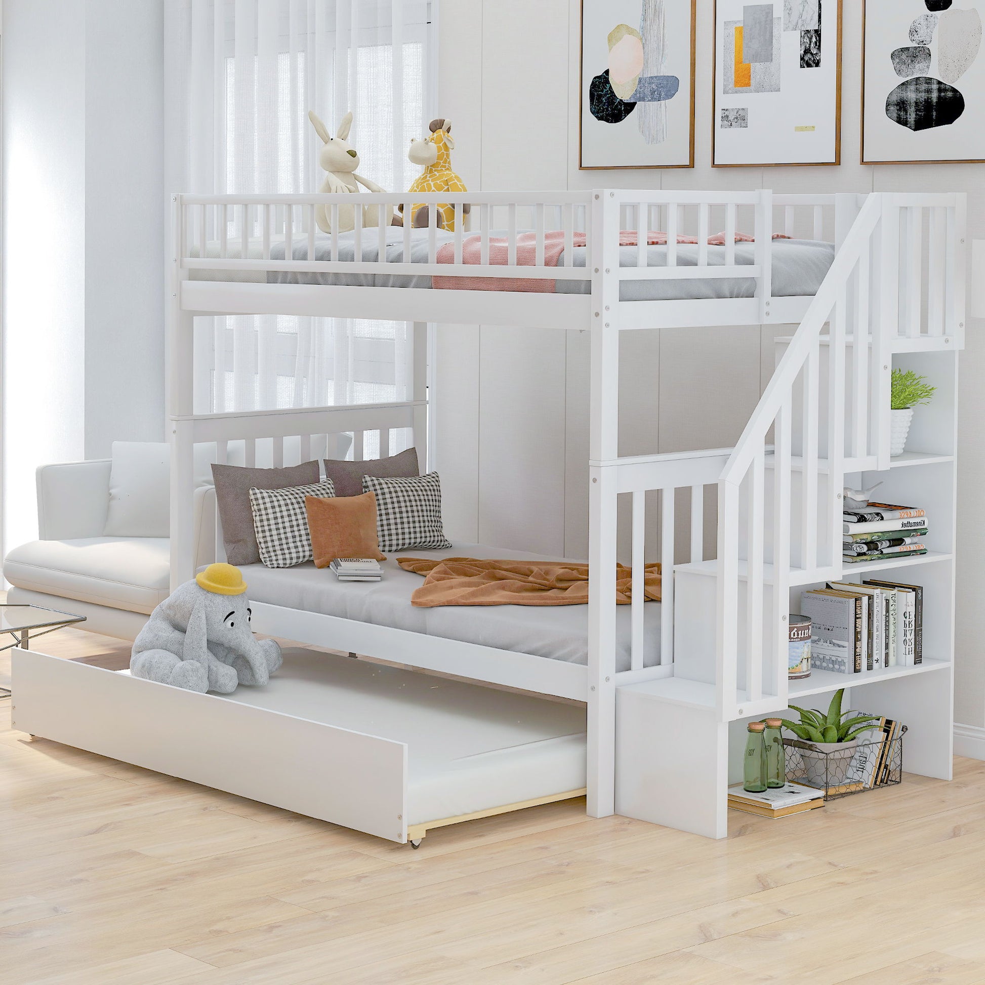 Bunk bed with staircase in white, twin-over-twin with guard rails, built-in storage, HouseOfZazla on Tampa Home & Garden Store