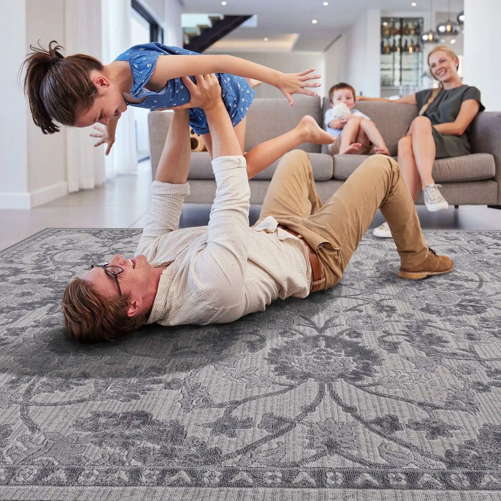 Marfi Trendy Oriental Area Rug gray charcoal in modern living room Unique Piece Furniture on Tampa Home & Garden Store