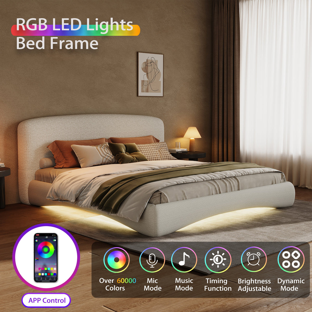 Curved beige upholstered bed frame with RGB LED ambient lighting warm taupe walls on Tampa Home & Garden Store