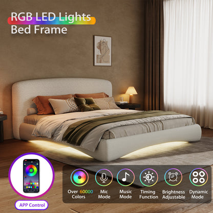 Curved beige upholstered bed frame with RGB LED ambient lighting warm taupe walls on Tampa Home & Garden Store