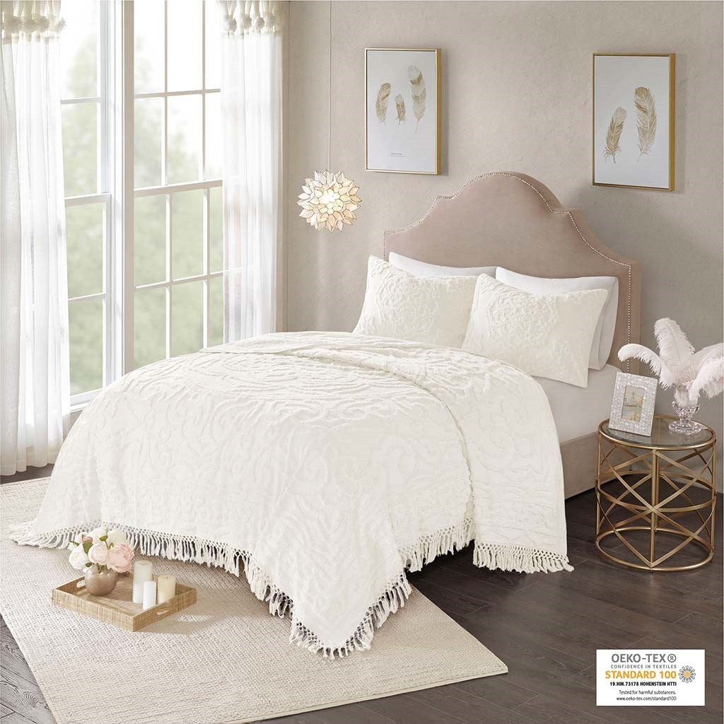 Tufted cotton chenille medallion fringe coverlet mini set off-white with matching shams on Tampa Home & Garden Store