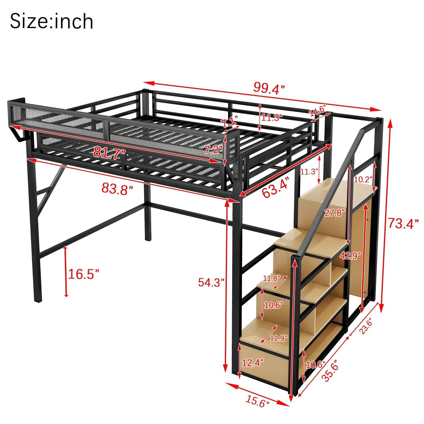 Queen Size Loft Bed with Stairs and Wardrobe