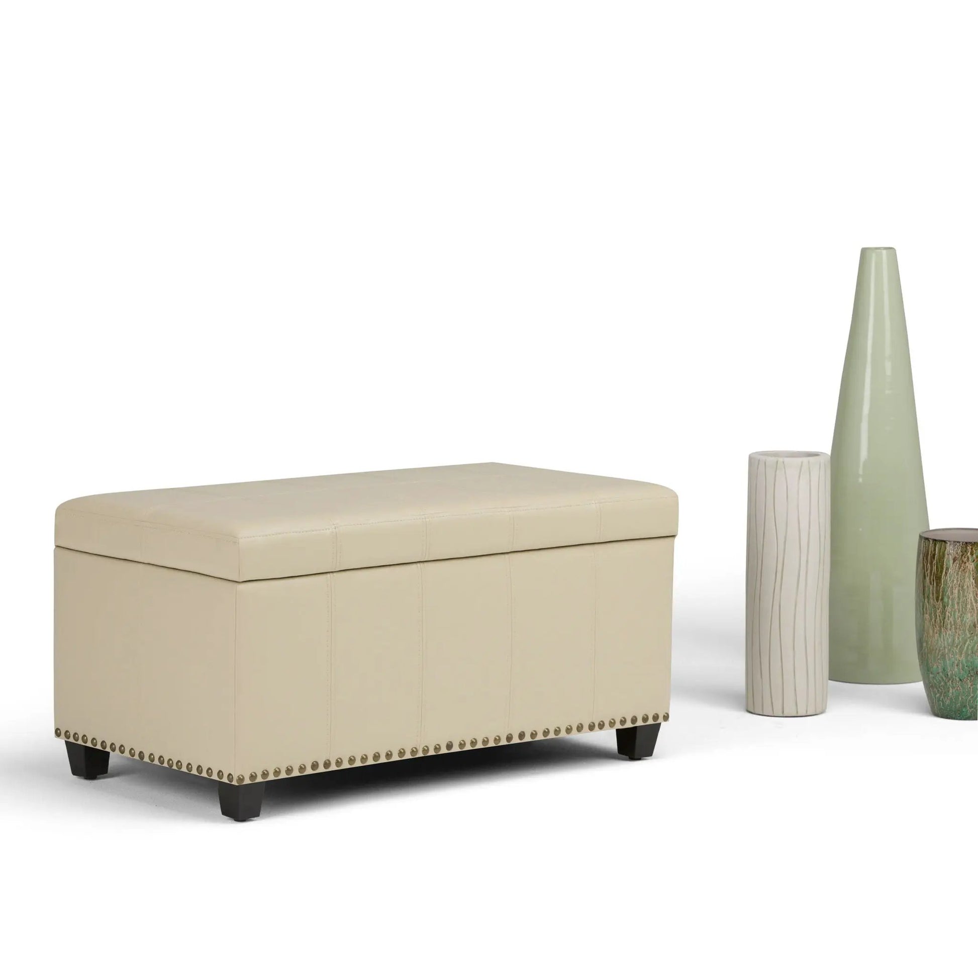 Amelia Transitional Storage Ottoman Bench beige faux leather with nailhead trim storage ottoman on Tampa Home & Garden Store