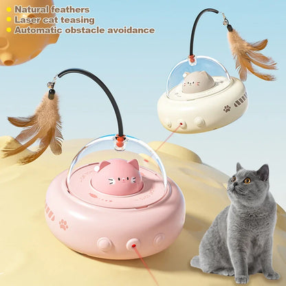2 Smart Teaser Cat Toys Electric UFO with bell and feather tassels, pink beige bases by Sell My Stuff on Tampa Home & Garden Store