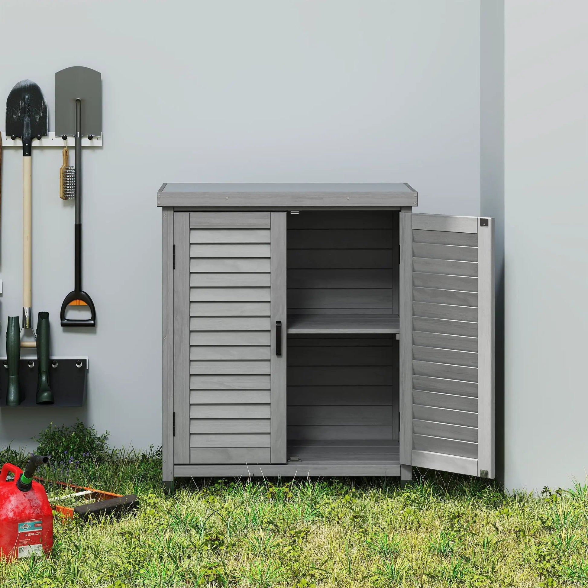 Potting bench with storage cabinet and metal tabletop, gray weathered wood finish on Tampa Home & Garden Store
