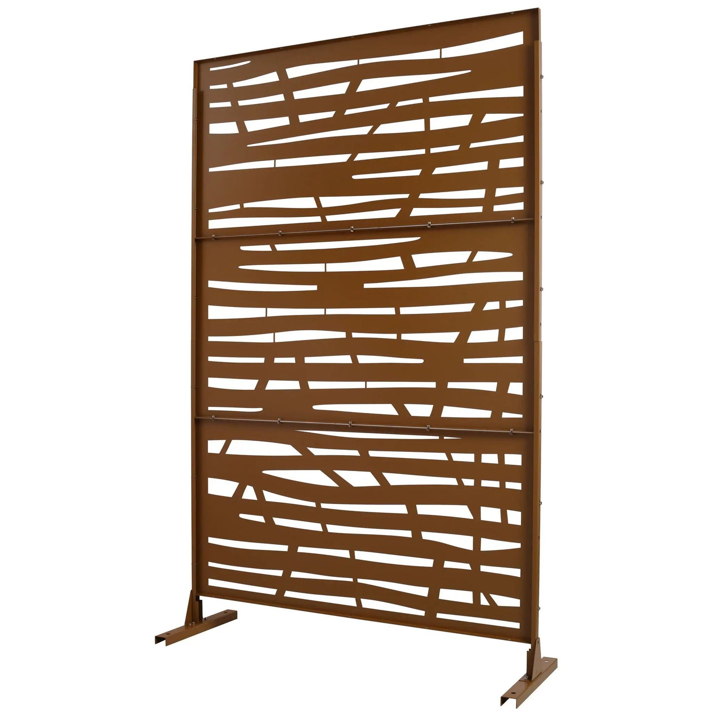 Metal privacy screen panel for outdoor or indoor use in brown with abstract slotted design on Tampa Home & Garden Store