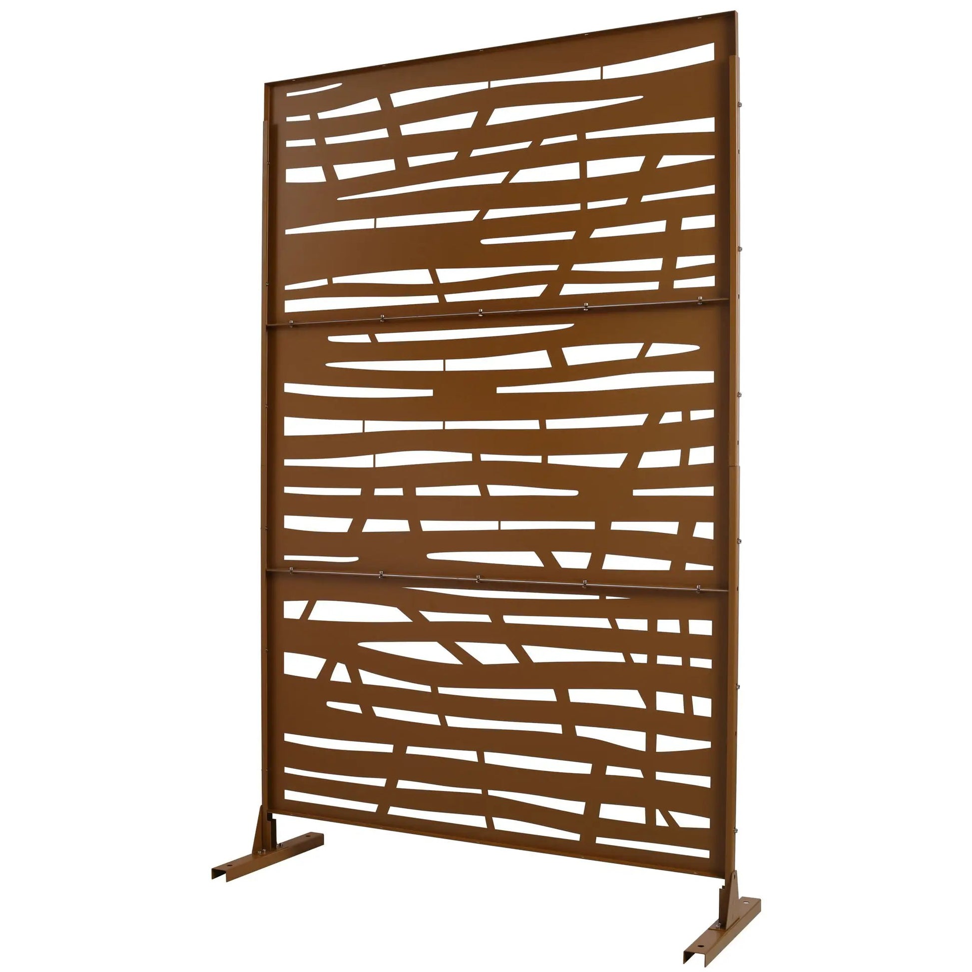 Metal privacy screen panel for outdoor or indoor use in brown with abstract slotted design on Tampa Home & Garden Store