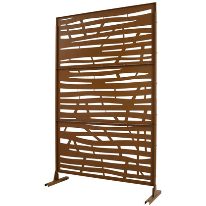 Metal privacy screen panel for outdoor or indoor use in brown with abstract slotted design on Tampa Home & Garden Store