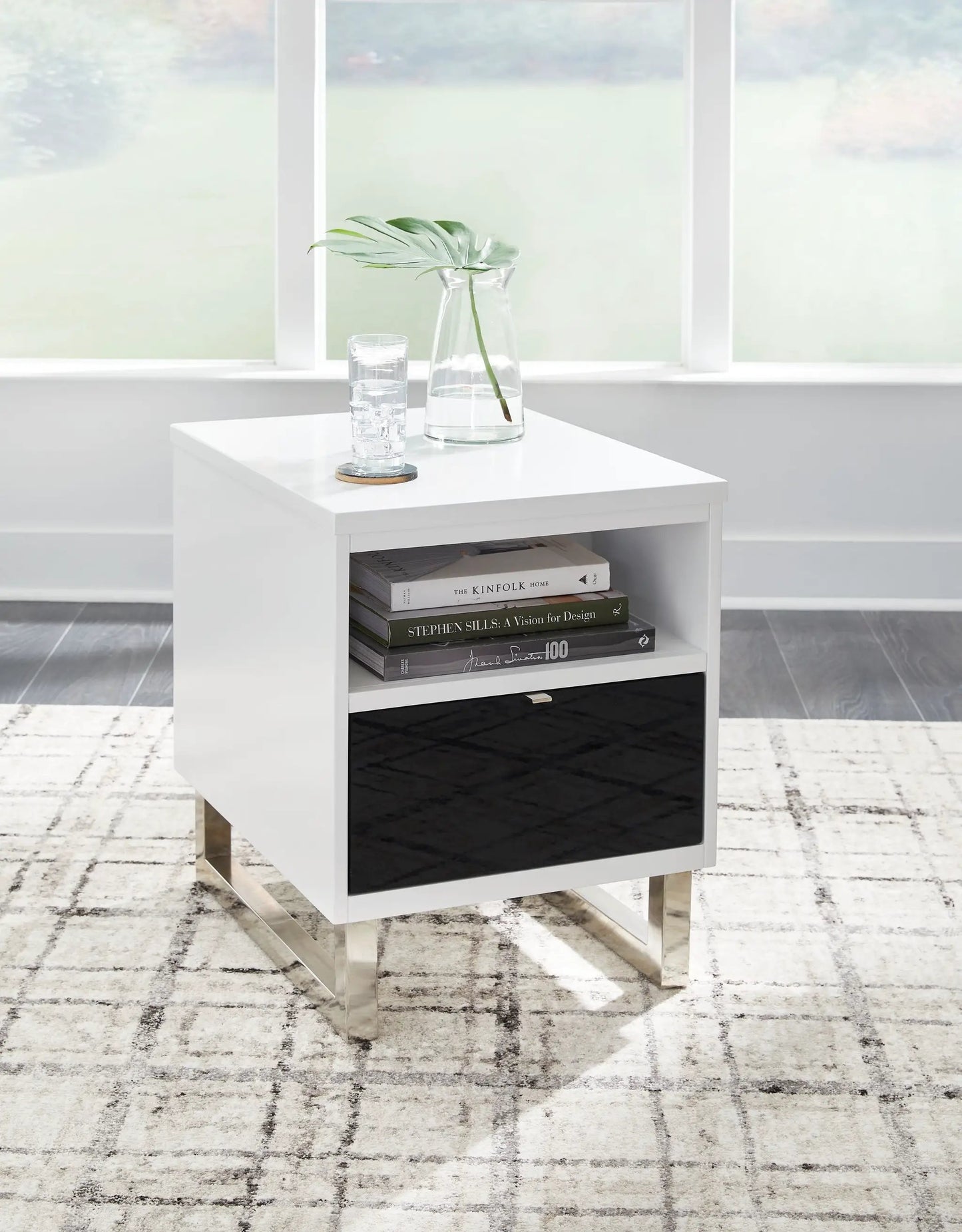 Gardoni chair side end table White/Black with black drawer, glass vase and glass on top on Tampa Home & Garden Store