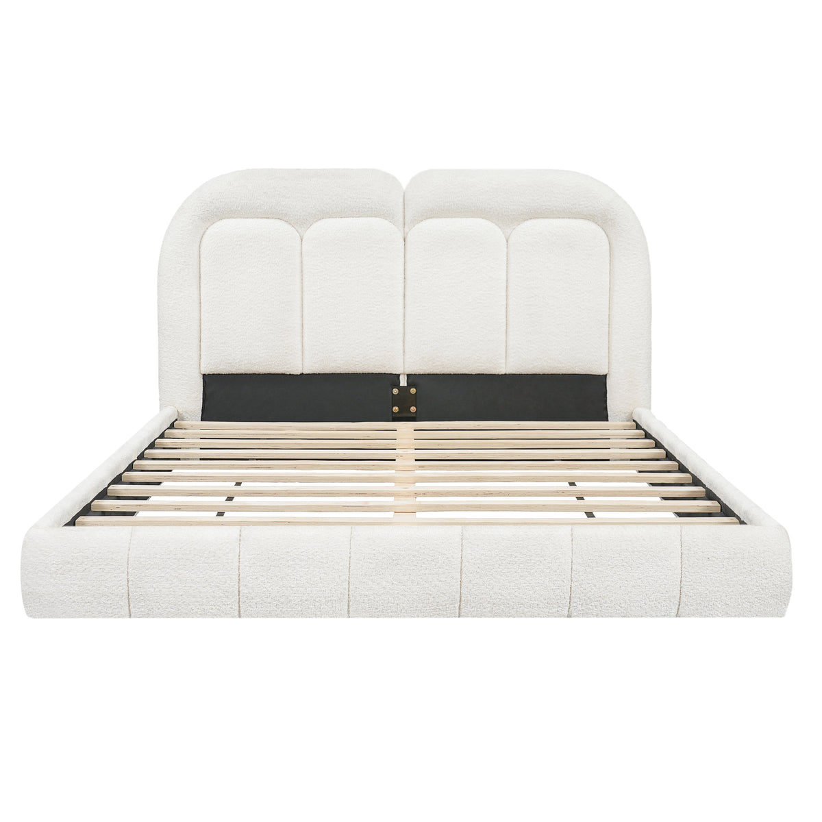 Queen size boucle upholstered bed with tufted headboard and wood slat base by HouseOfZazla on Tampa Home & Garden Store