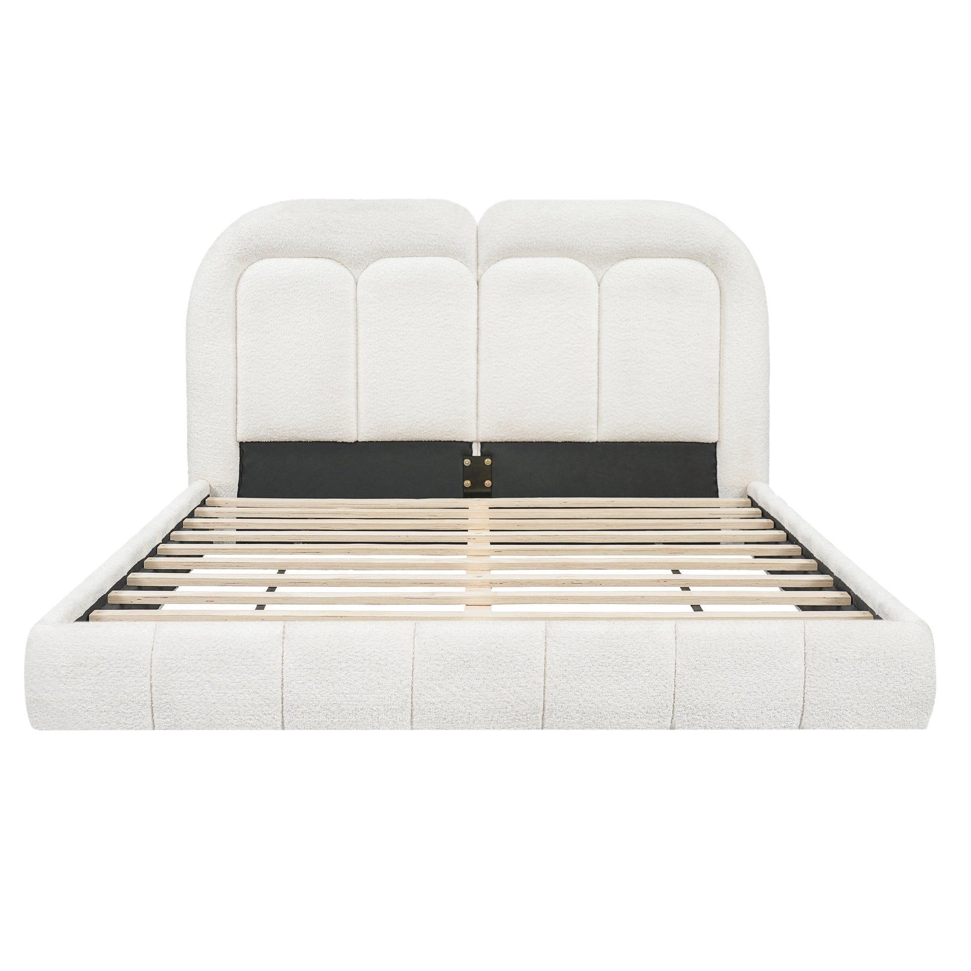 Queen size boucle upholstered bed with tufted headboard and wood slat base by HouseOfZazla on Tampa Home & Garden Store