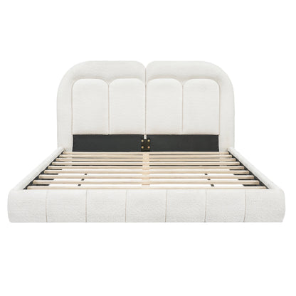 Queen size boucle upholstered bed with tufted headboard and wood slat base by HouseOfZazla on Tampa Home & Garden Store