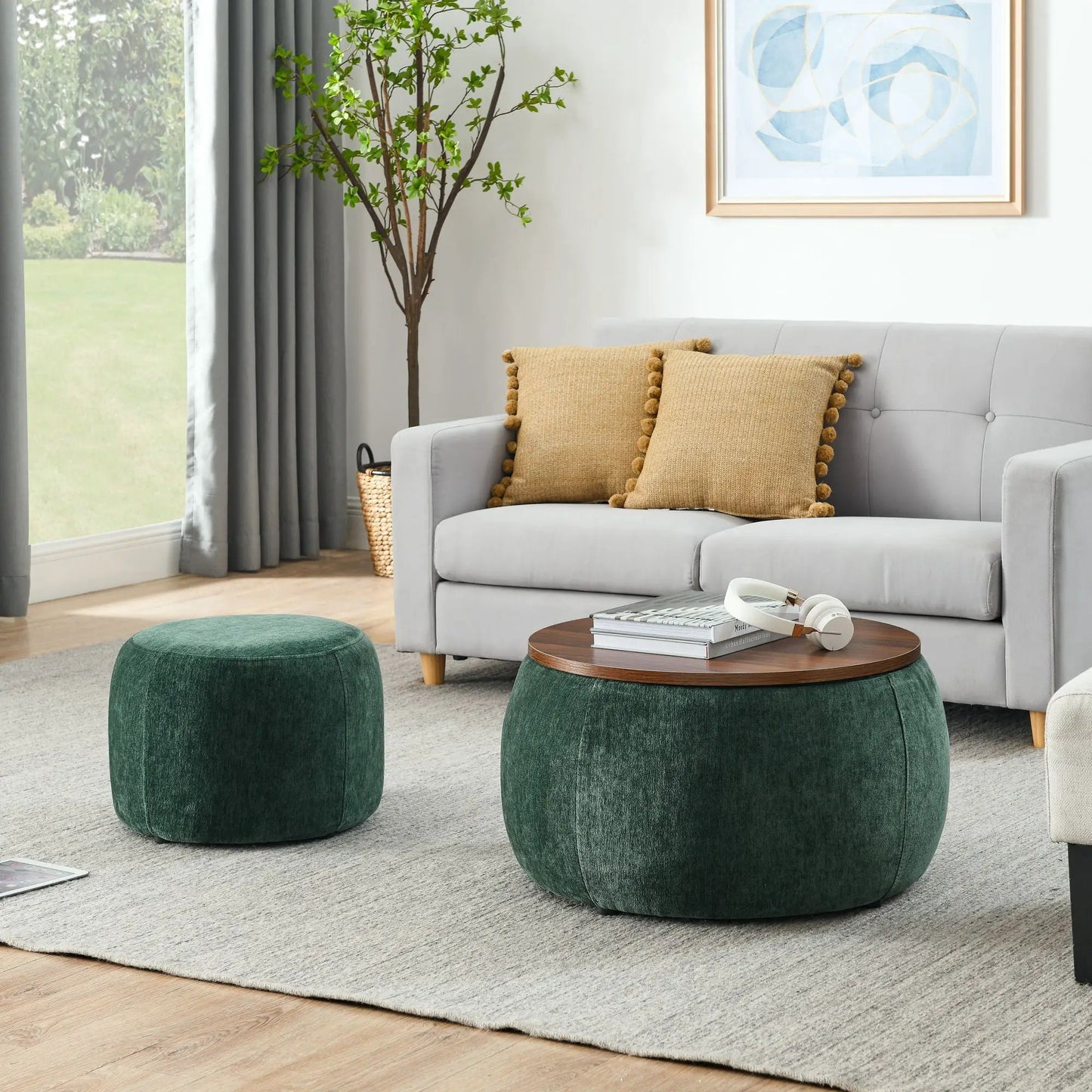 Round Storage Ottoman 2-in-1 End Table in green velvet with gray sofa set on Tampa Home & Garden Store