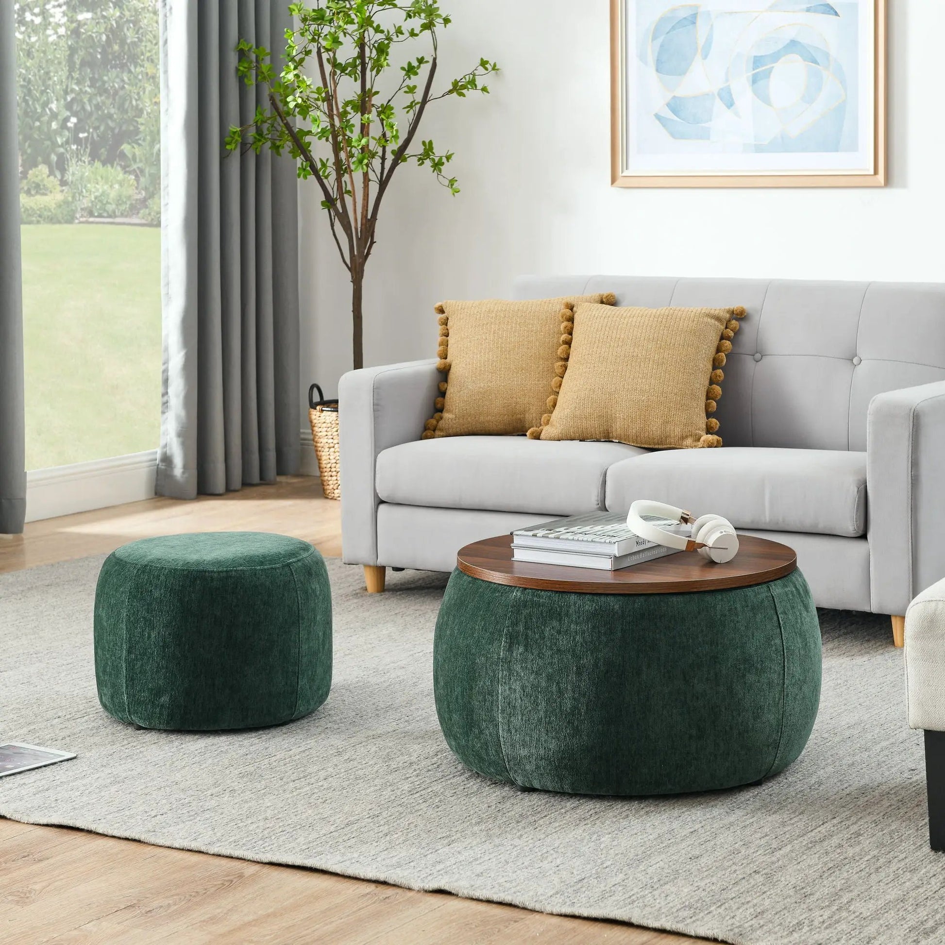 Round Storage Ottoman 2-in-1 End Table in green velvet with gray sofa set on Tampa Home & Garden Store