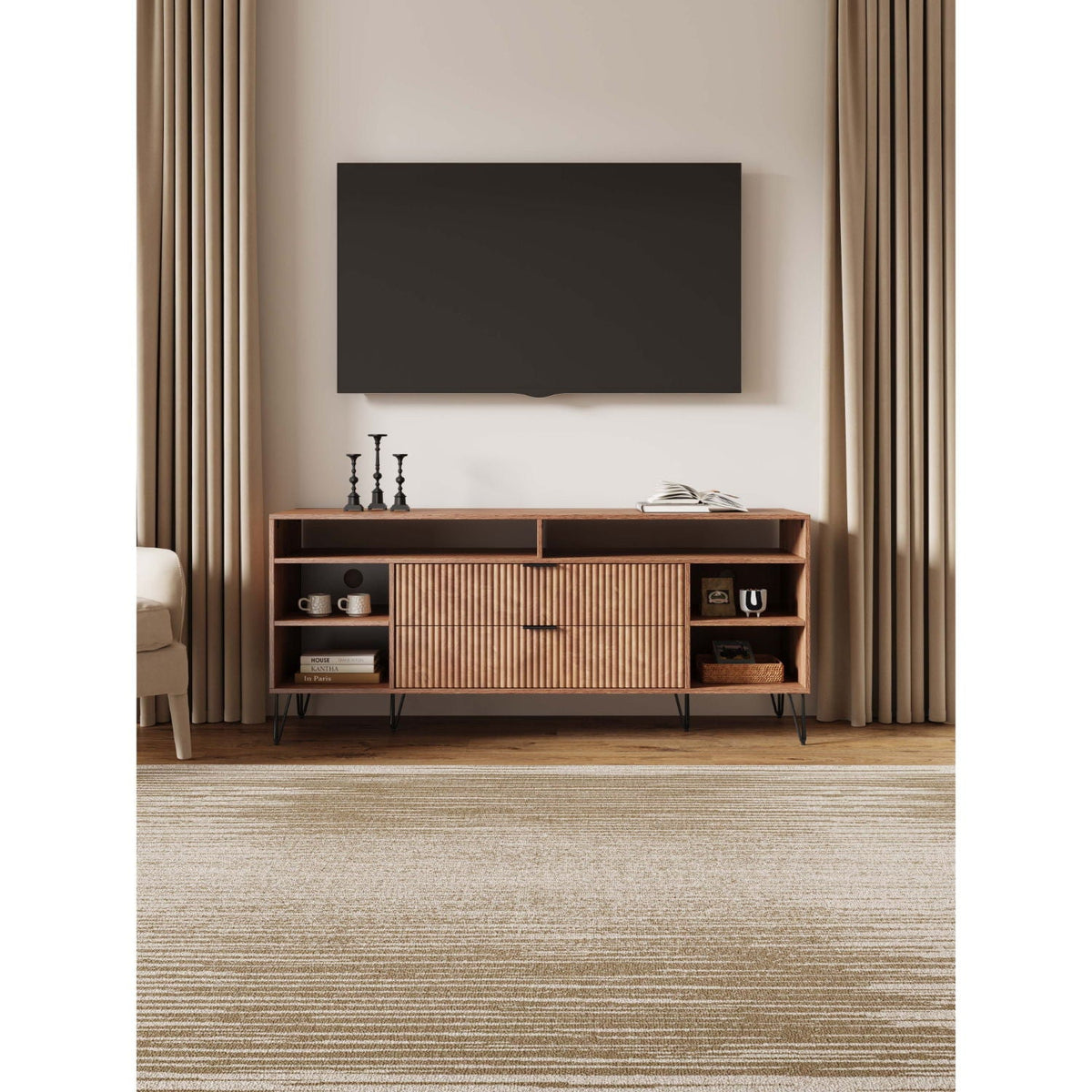 Fluted TV stand with storage, natural wood finish, metal legs by HouseOfZazla on Tampa Home & Garden Store