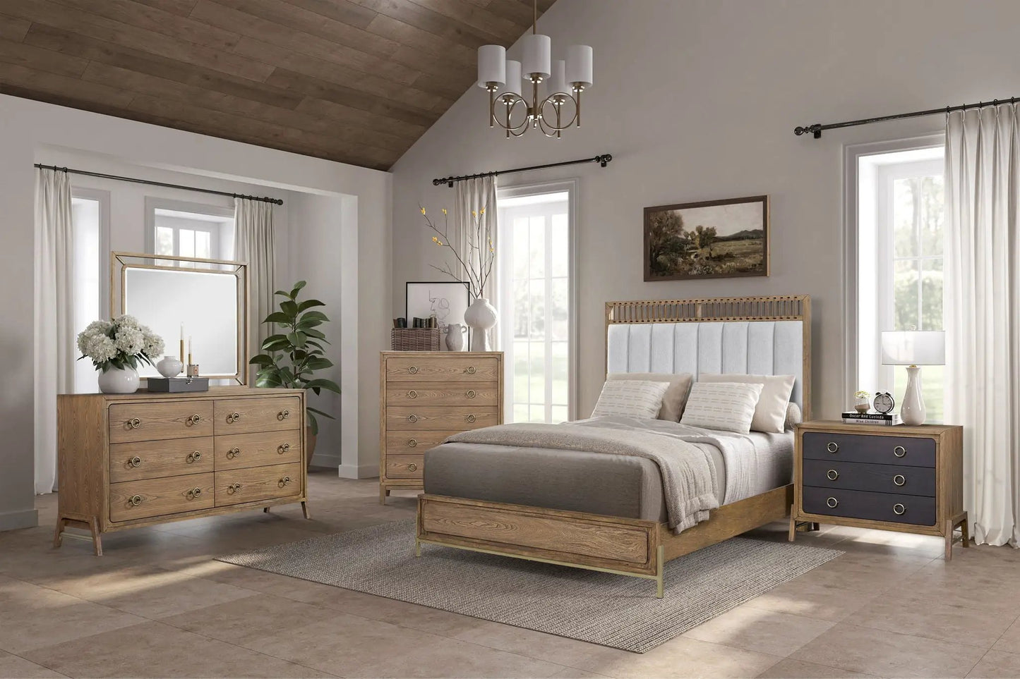 Elegant Upholstered Strap Panel Bed Latte Finish