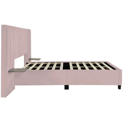 Upholstered platform bed with a large blush pink headboard and wood slats Unique Piece Furniture on Tampa Home & Garden Store
