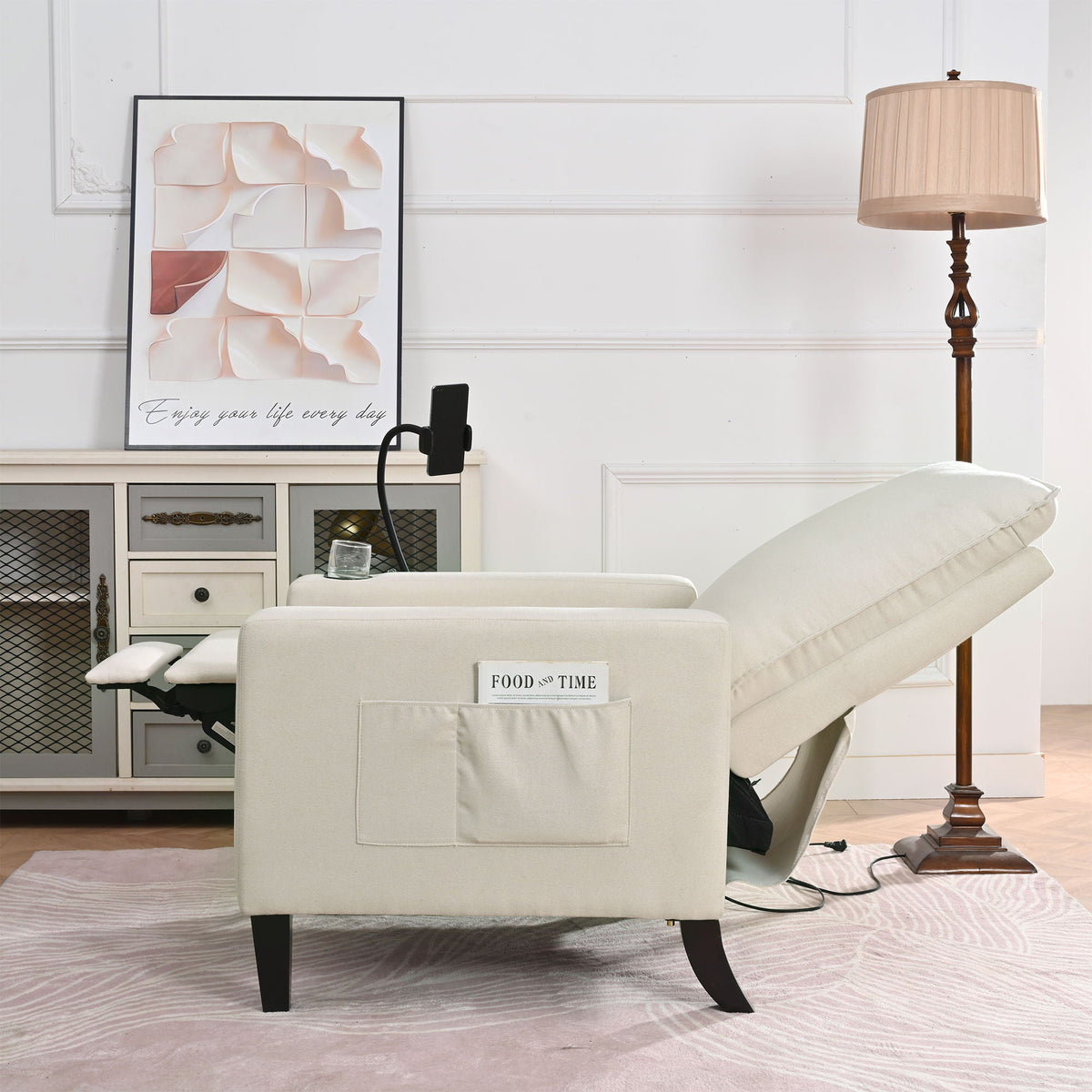 HouseOfZazla beige fabric recliner chair with black legs in a living room setting featuring a side pocket on Tampa Home & Garden Store