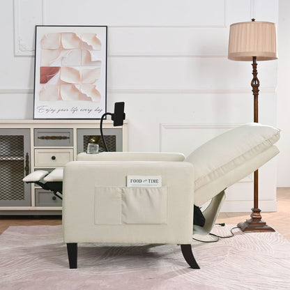 HouseOfZazla beige fabric recliner chair with black legs in a living room setting featuring a side pocket on Tampa Home & Garden Store