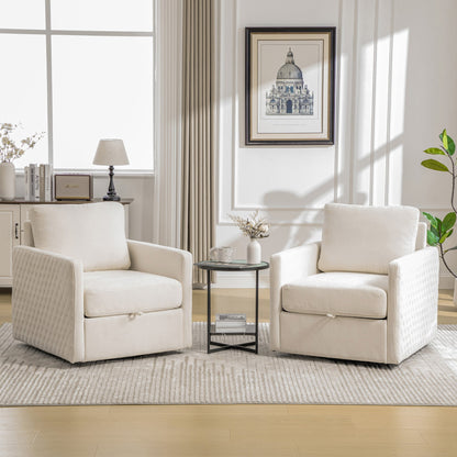 Two cream upholstered accent chairs with a round side table in a bright living room on Tampa Home & Garden Store
