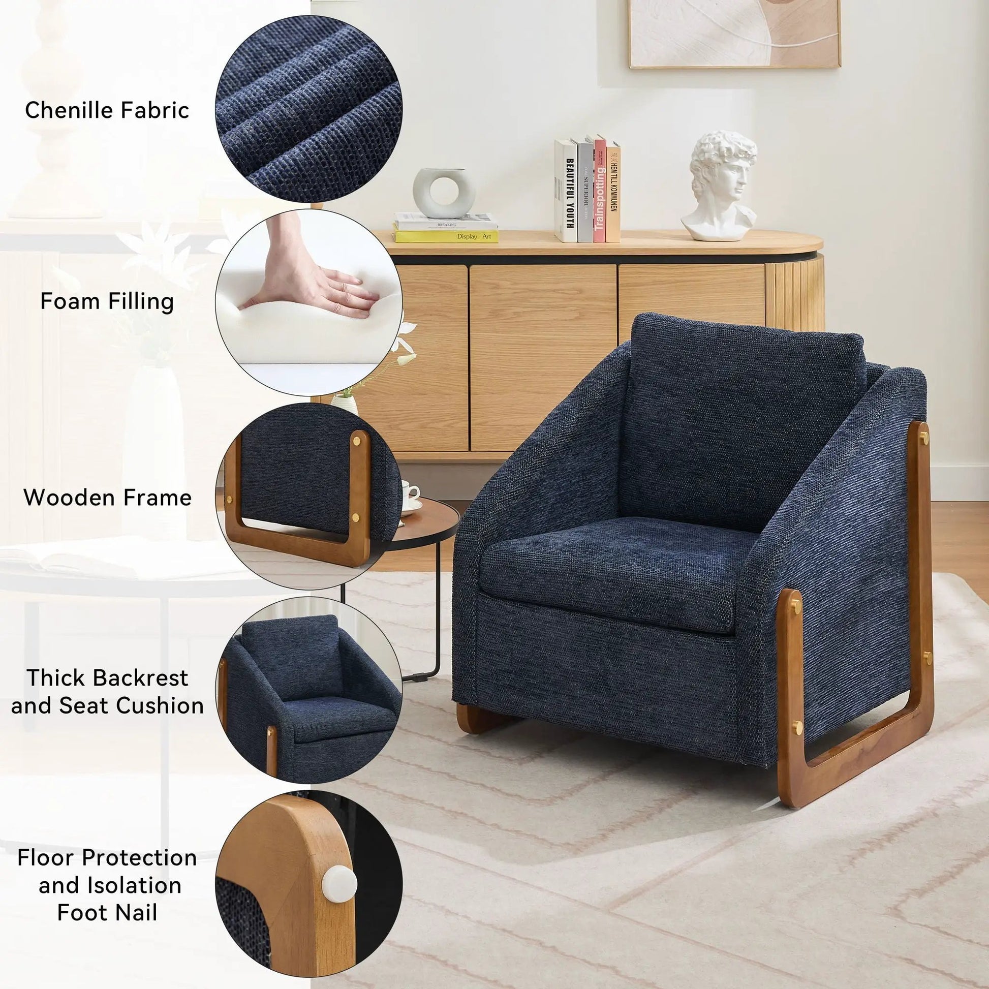 Upholstered Armchair in blue chenille fabric with foam-filled back and wooden side frame on Tampa Home & Garden Store