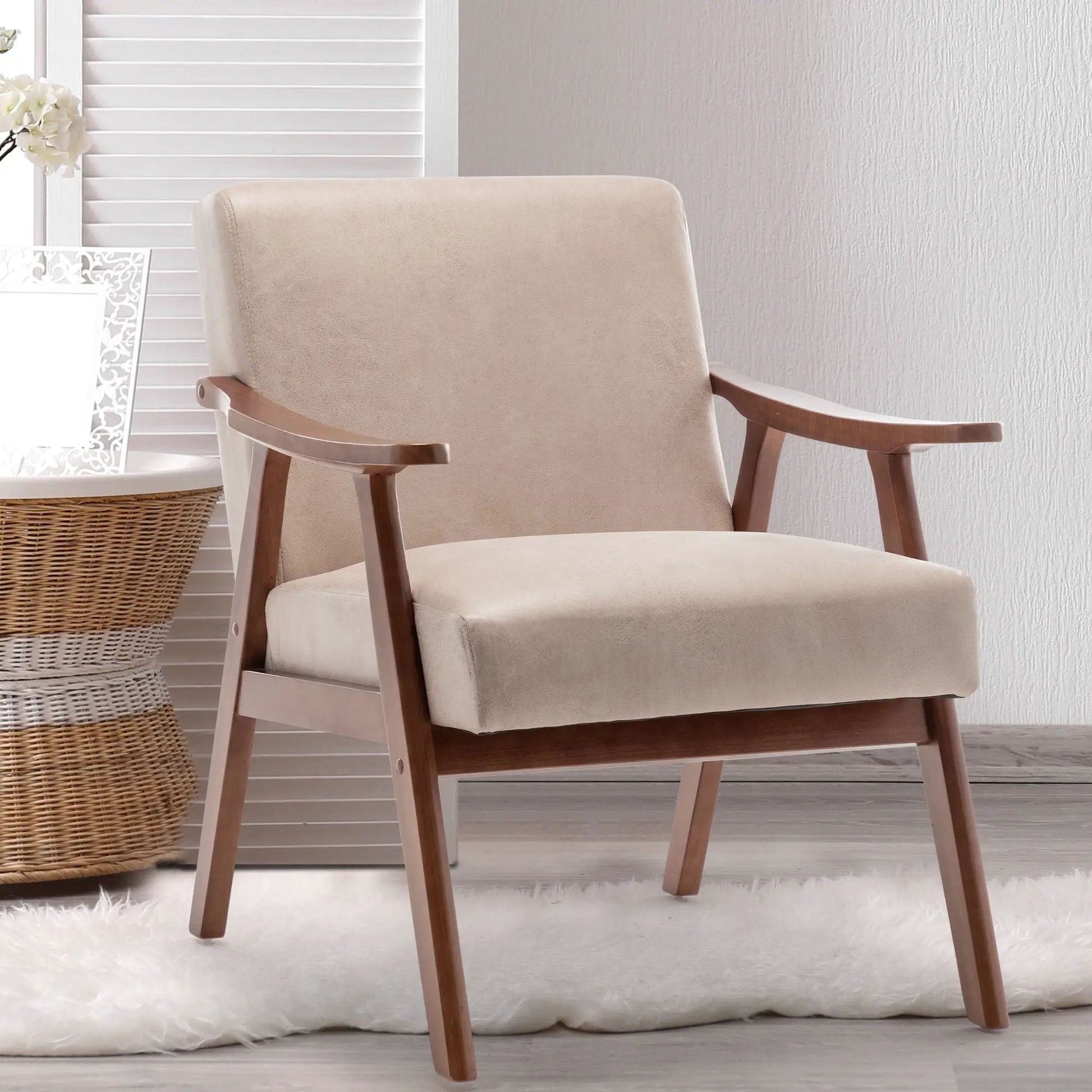 Mid Century Modern Accent Chair, solid wood frame, beige upholstery by Unique Piece Furniture on Tampa Home & Garden Store
