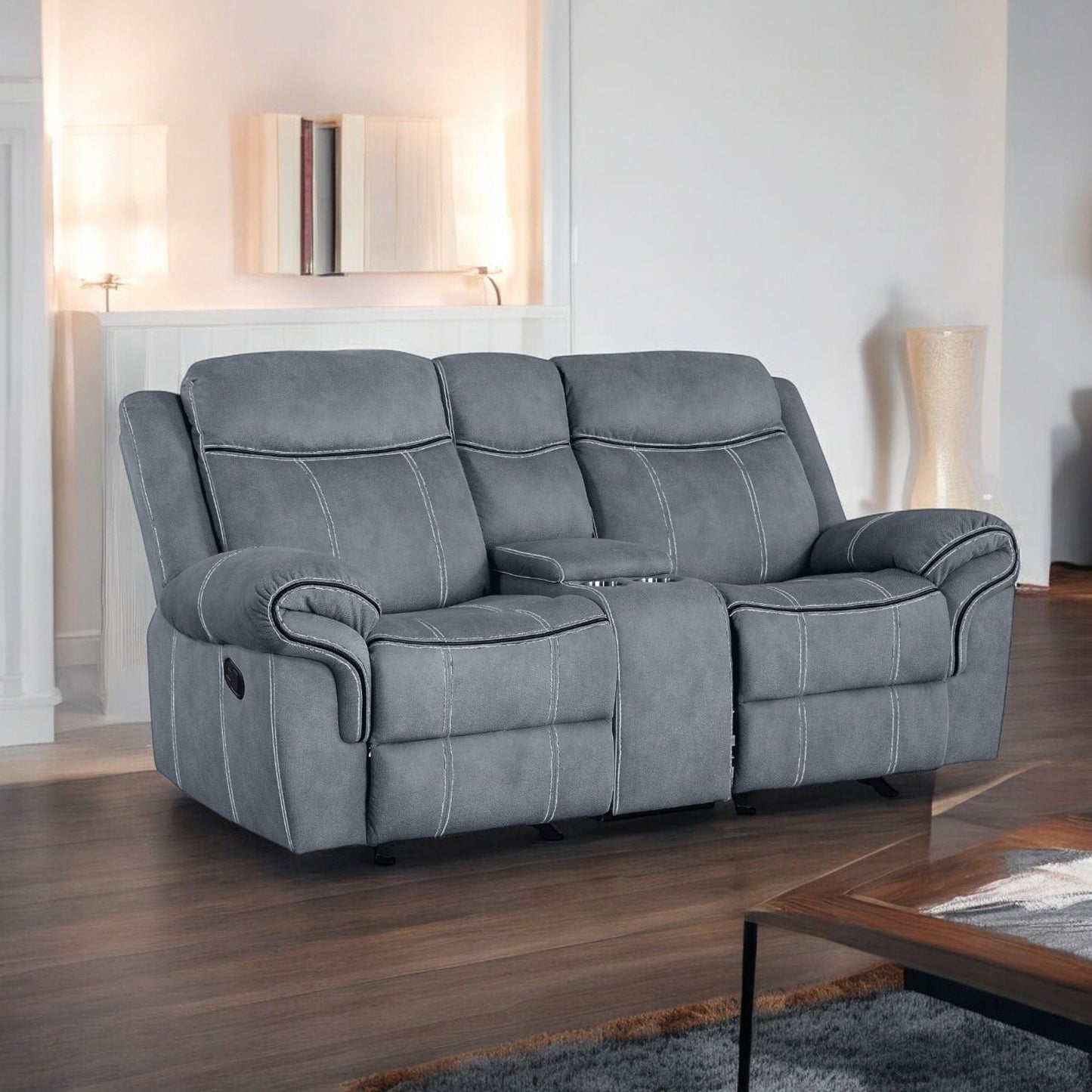 Zubaida Two Tone Recliner Loveseat with USB Port Console gray fabric with contrast stitching on Tampa Home & Garden Store