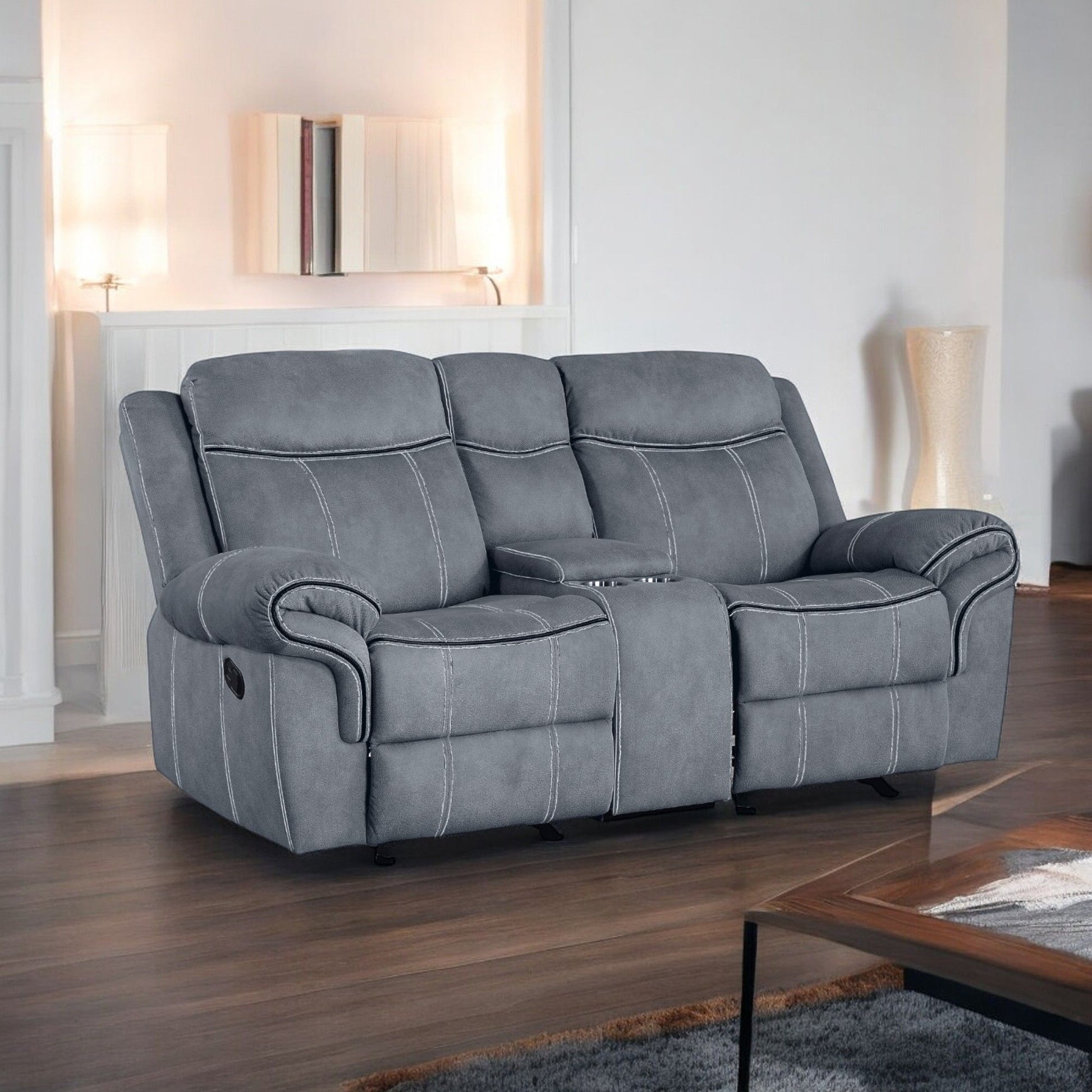 Zubaida Two Tone Recliner Loveseat with USB Port Console gray fabric with contrast stitching on Tampa Home & Garden Store