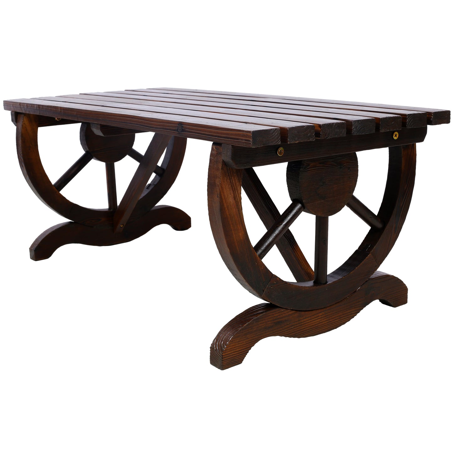 Outdoor Rustic Wooden Bench with Wagon Wheel Legs dark-stained wood on Tampa Home & Garden Store
