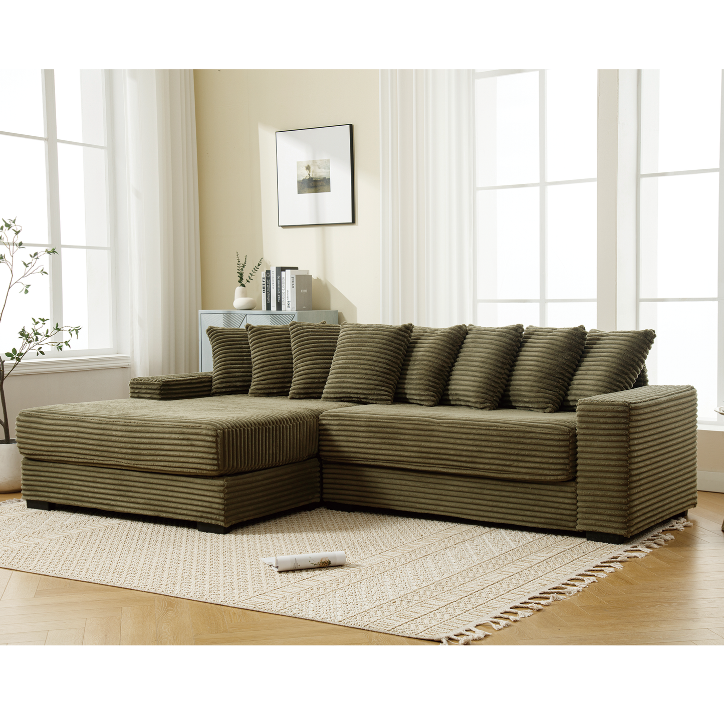 Oversized two-piece corduroy sofa with left chaise daybed in brown fabric on Tampa Home & Garden Store