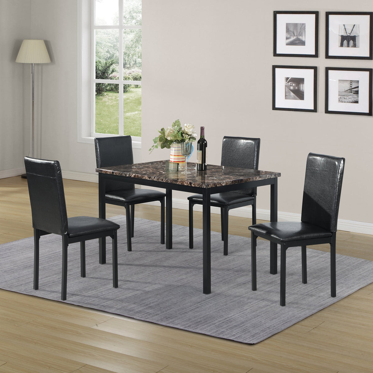 5 Piece Dinette Set with Faux Marble Top Black metal-framed table with four chairs on Tampa Home & Garden Store