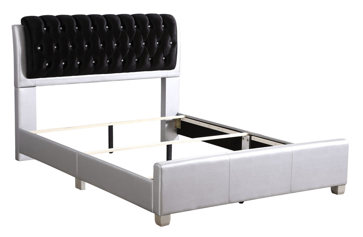 Tufted upholstered bed with black velvet headboard and crystal buttons, silver metal frame on Tampa Home & Garden Store