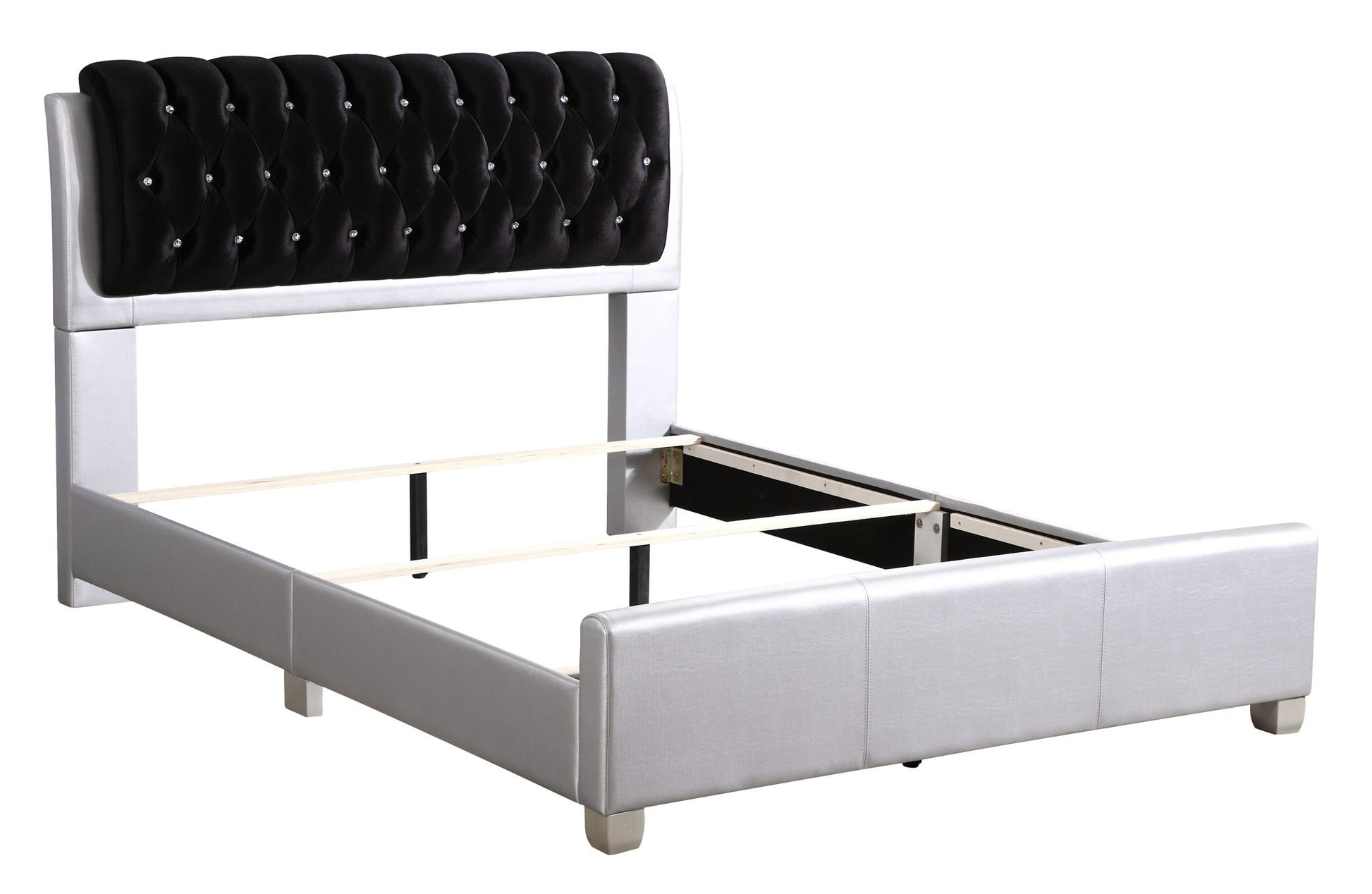 Tufted upholstered bed with black velvet headboard and crystal buttons, silver metal frame on Tampa Home & Garden Store
