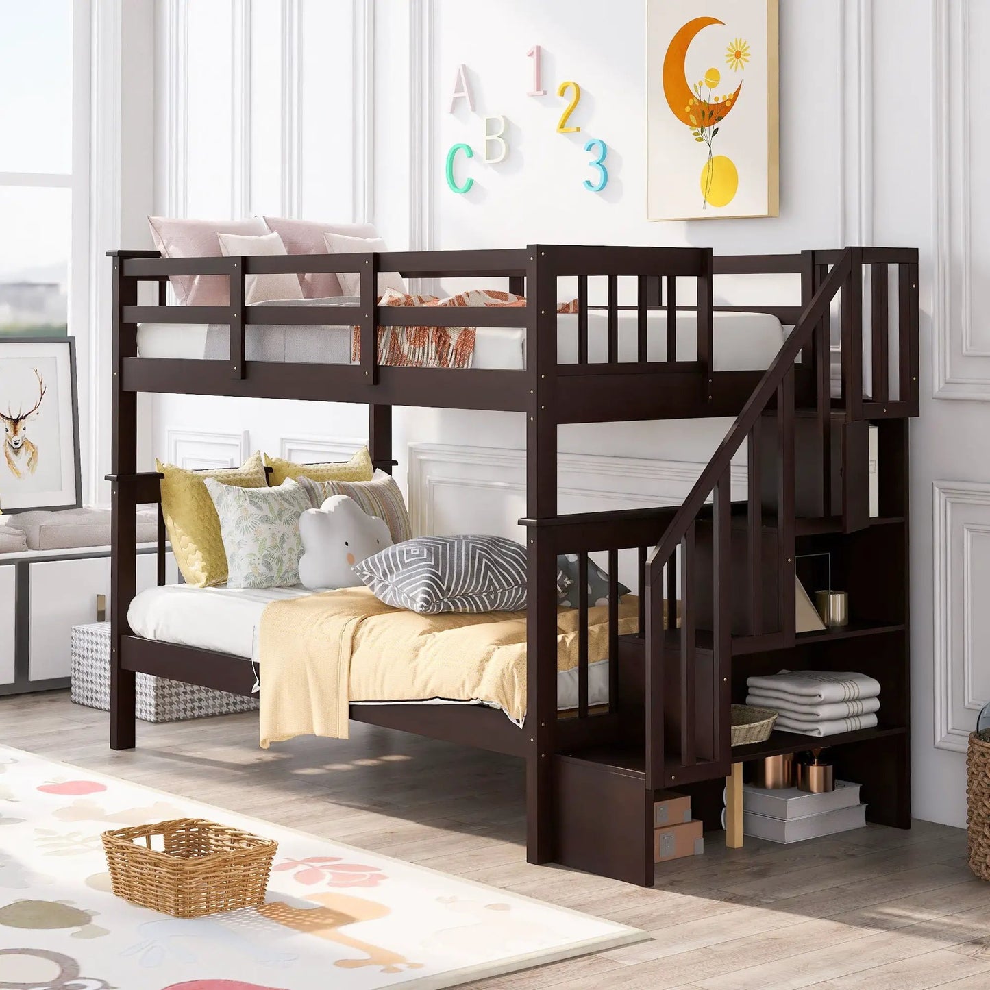 Stairway Bunk Bed with Storage and Guard Rail