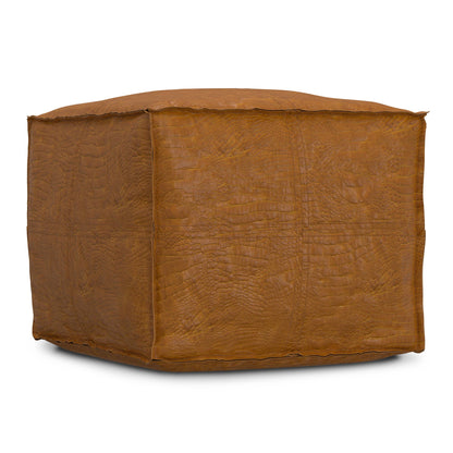 Square accent pouf ottoman tan genuine leather finish with reptile-grain texture HouseOfZazla on Tampa Home & Garden Store